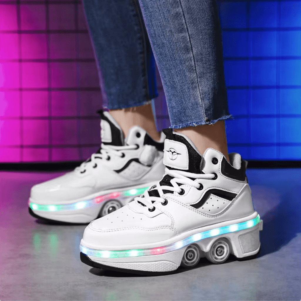 White Kick Speed Vapor MID roller skate shoes with wheels glowing indoors, shoes with wheels for men and women