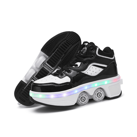 Black and white LED shoes with wheels in mid-top design, shoes with wheels for men