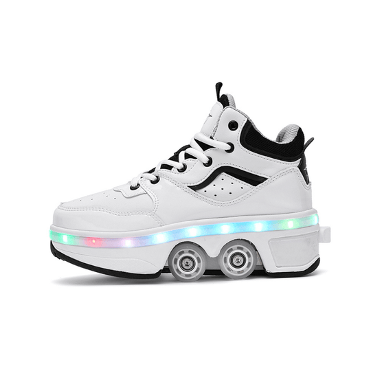 White mid-top roller skate shoes with wheels and rechargeable LED lights, roller shoes for women