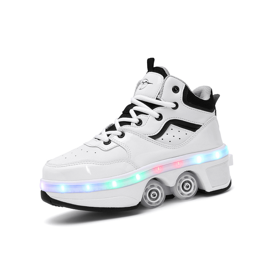 White Kick Speed Vapor MID roller skate shoes with wheels and LED lights, shoes with wheels for adults
