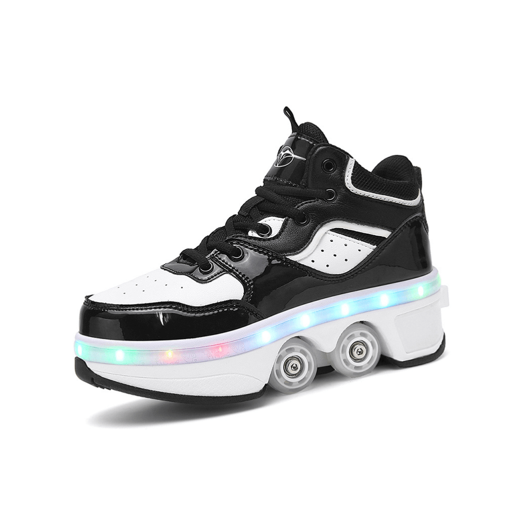 Black and white Kick Speed Vapor MID LED shoes with wheels, roller shoes for men and women
