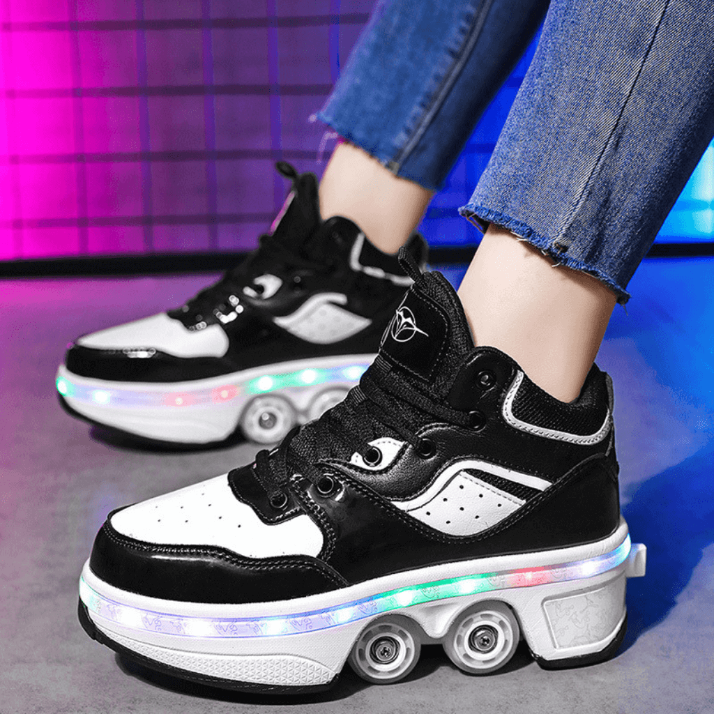 Black and white LED roller skate shoes with wheels worn indoors, shoes with wheels for adults