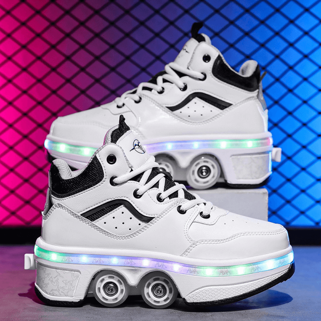 Side profile of white LED roller shoes for women and men, rechargeable light up shoes with wheels