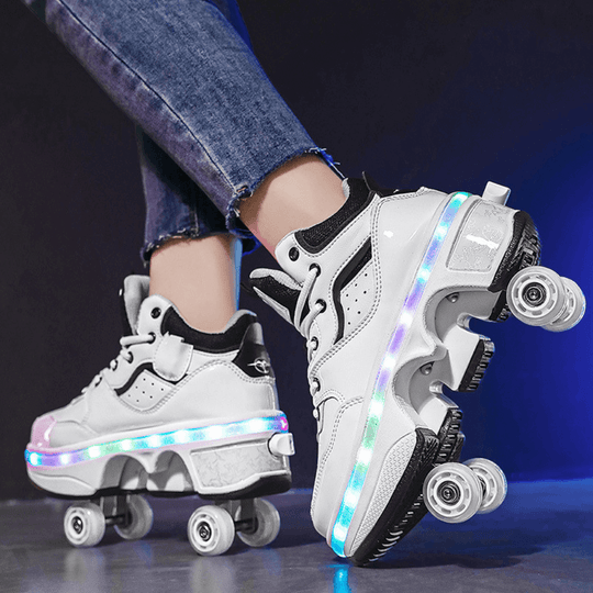 White Kick Speed Vapor MID roller shoes with wheels shown side by side, unisex LED shoes with wheels