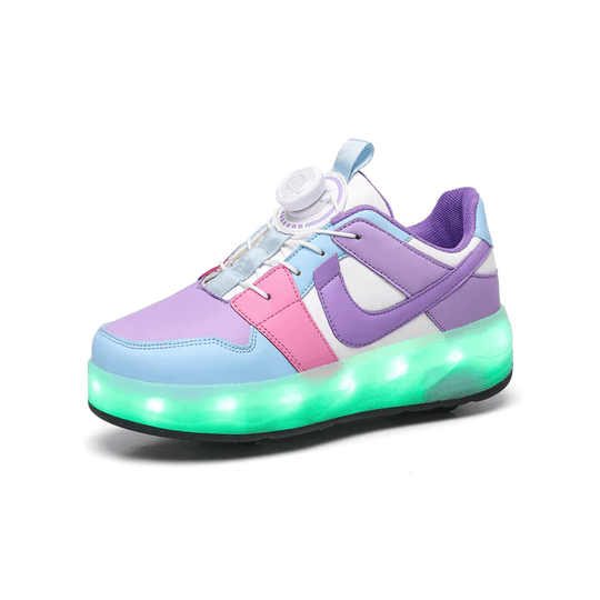 Purple and pink LED heel wheel roller shoes with wheels for kids teens and adults, Kick Speed Kick Air LOW