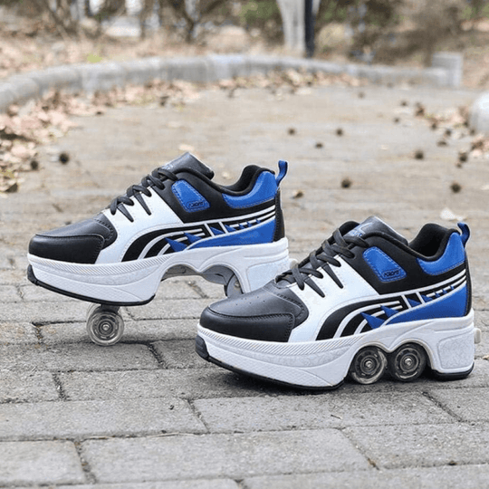 Pair of blue Kick Speed roller skate shoes with wheels outdoors