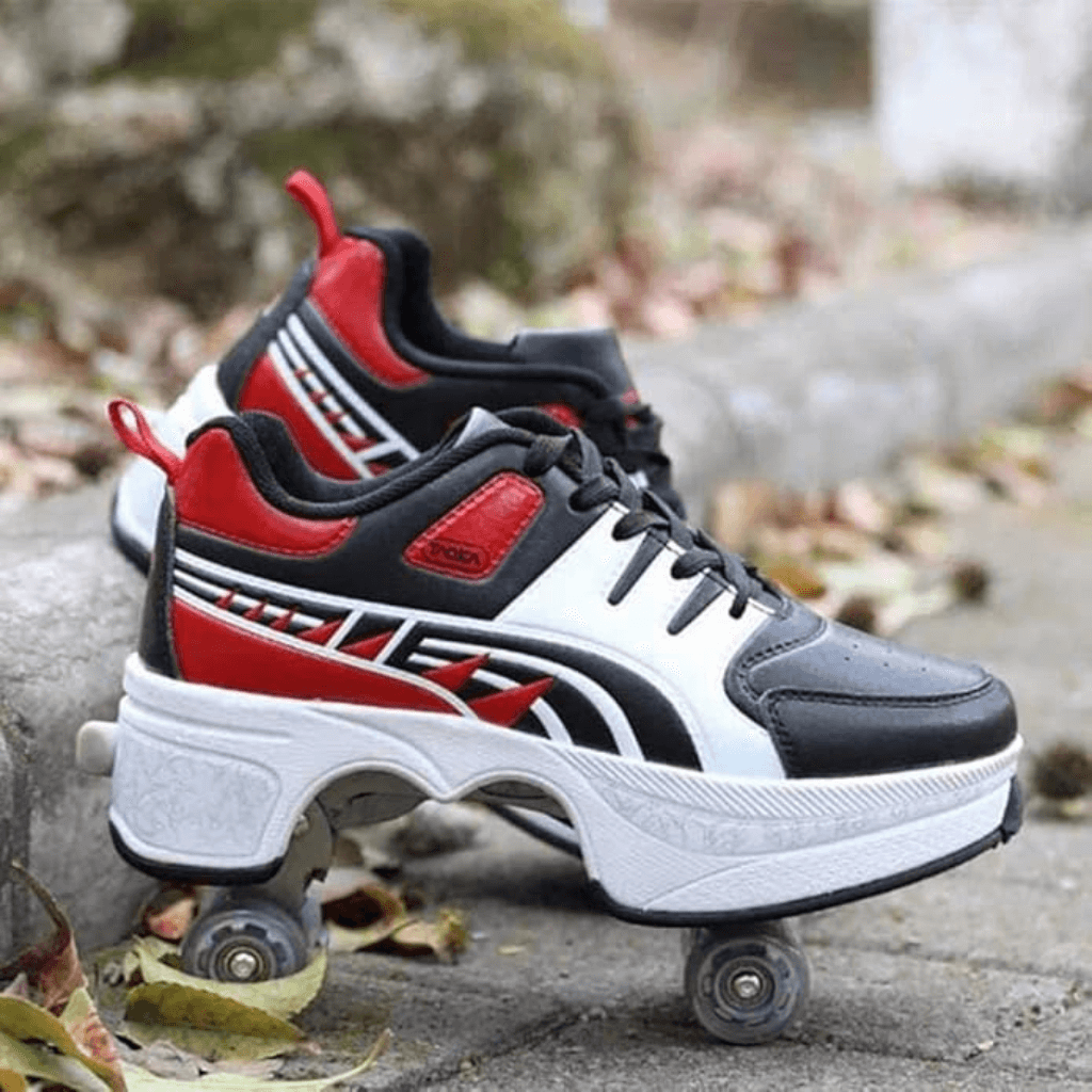 Red low-top roller shoes for kids with wheels, Hyper Jet LOW outdoor view