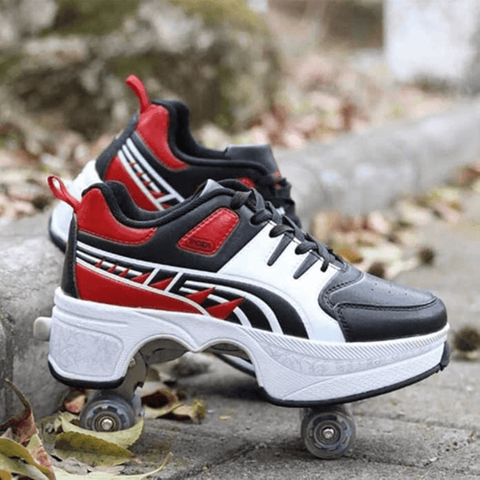 Red low-top roller shoes for kids with wheels, Hyper Jet LOW outdoor view