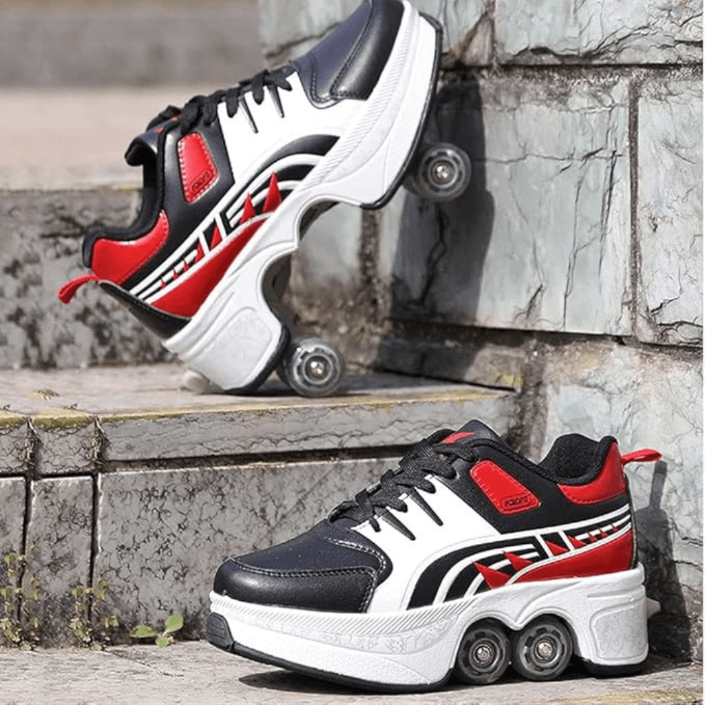 Red and black Kick Speed roller shoes with wheels in outdoor setting