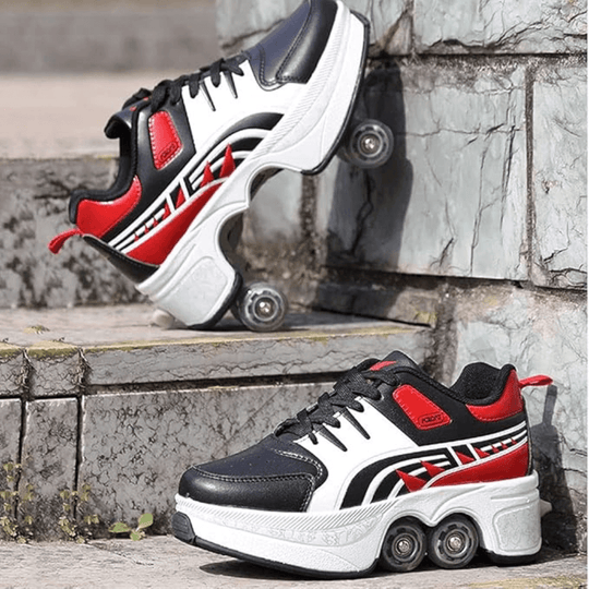 Red and black Kick Speed roller shoes with wheels in outdoor setting