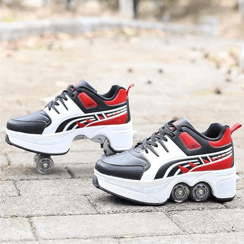 Red and black Kick Speed roller skate shoes with wheels in outdoor setting