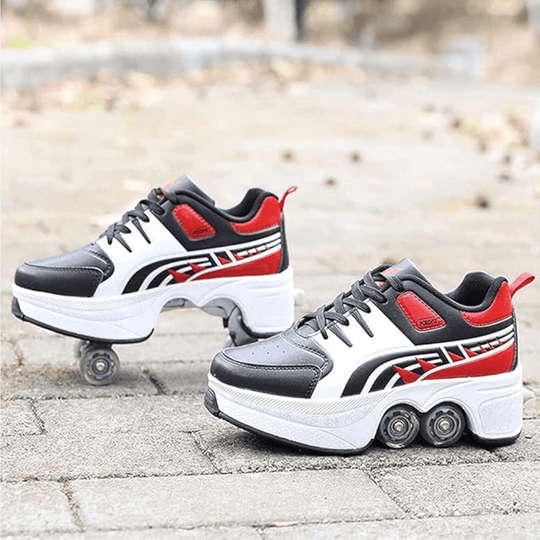 Red and black Kick Speed roller skate shoes with wheels in outdoor setting