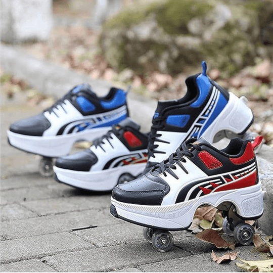 Pair of blue and red roller shoes with wheels, Kick Speed Hyper Jet LOW for kids and adults