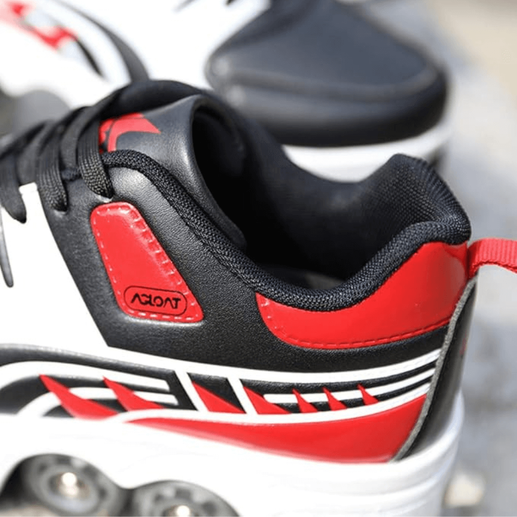 Close-up of red Kick Speed Hyper Jet LOW roller skate shoes,  kids shoes with wheels