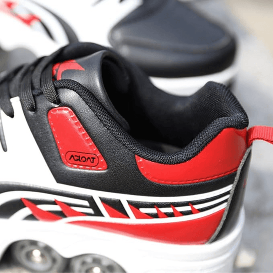 Close-up of red Kick Speed Hyper Jet LOW roller skate shoes,  kids shoes with wheels