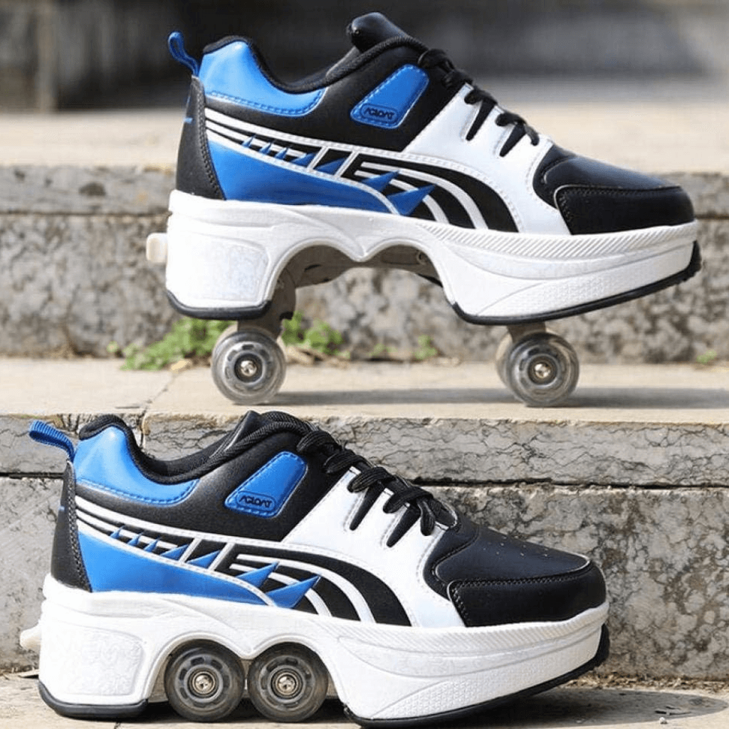 Blue low-top roller skate shoes with wheels on stairs, shoes with wheels for adults