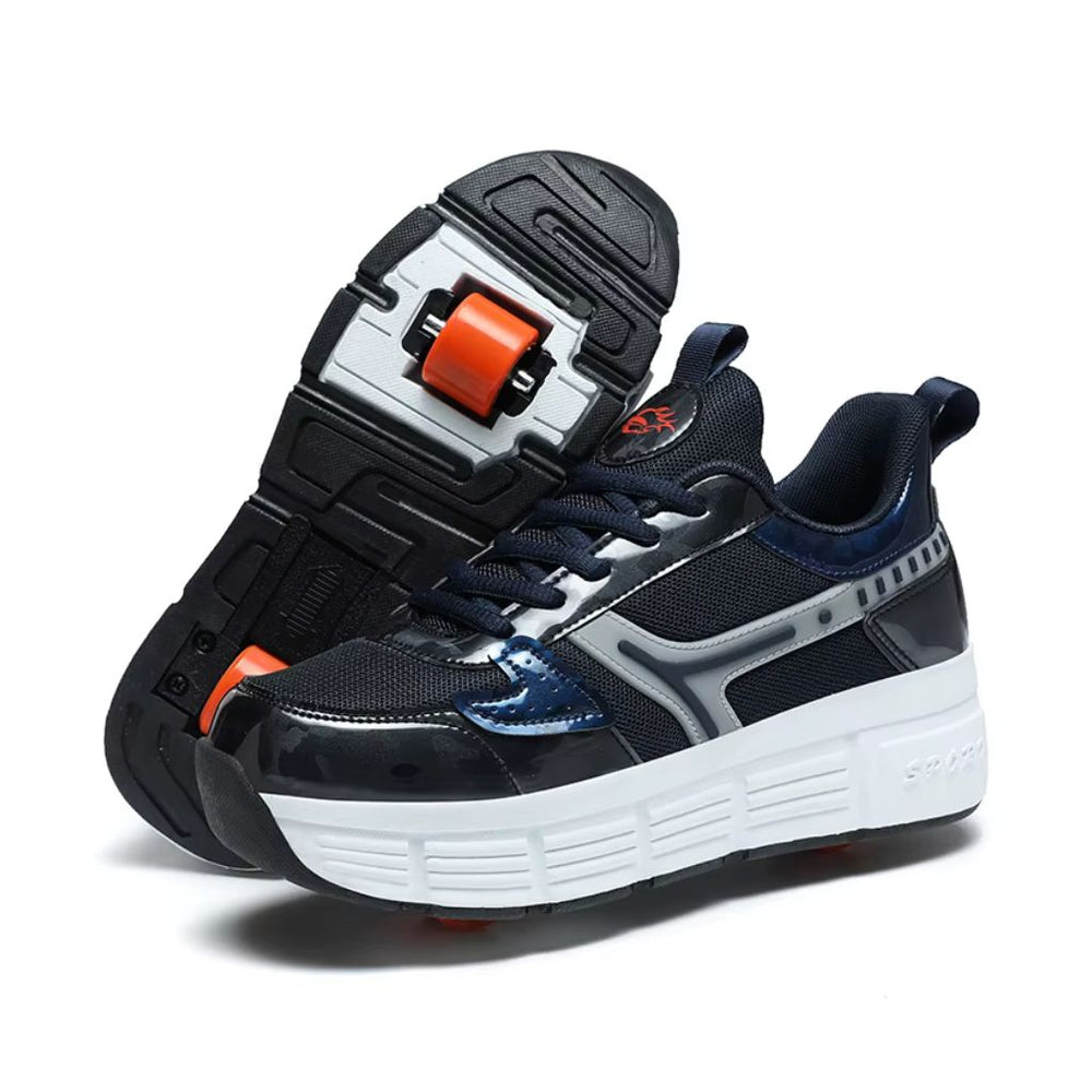 A pair of kids' roller skate shoes in dark blue, featuring a thick white sole, and detachable wheels visible on the outsole