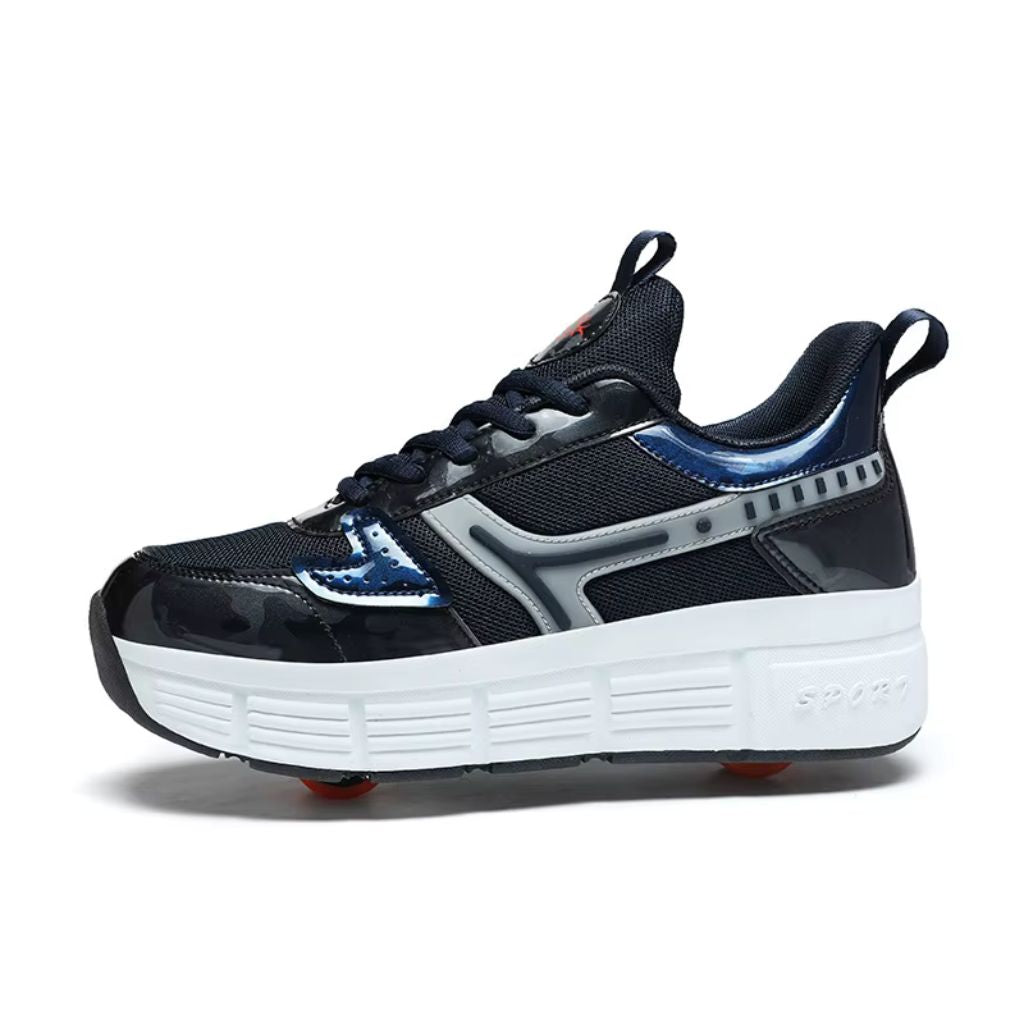 A navy blue platform shoes with heel wheels, featuring metallic silver side stripes, blue accents, and a glossy toe cap, shown against a plain white background