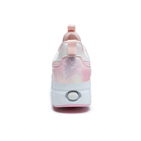 A roller shoes with pop out heel wheels from the back, featuring a white and light pink gradient heel with a subtle camouflage pattern