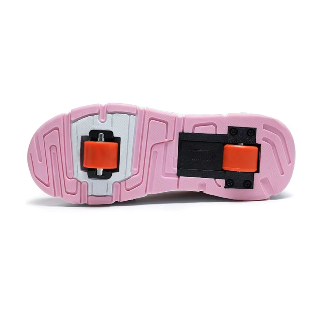 A pink roller shoe with heel wheels, shown from a top view featuring two orange wheel assemblies on a white background