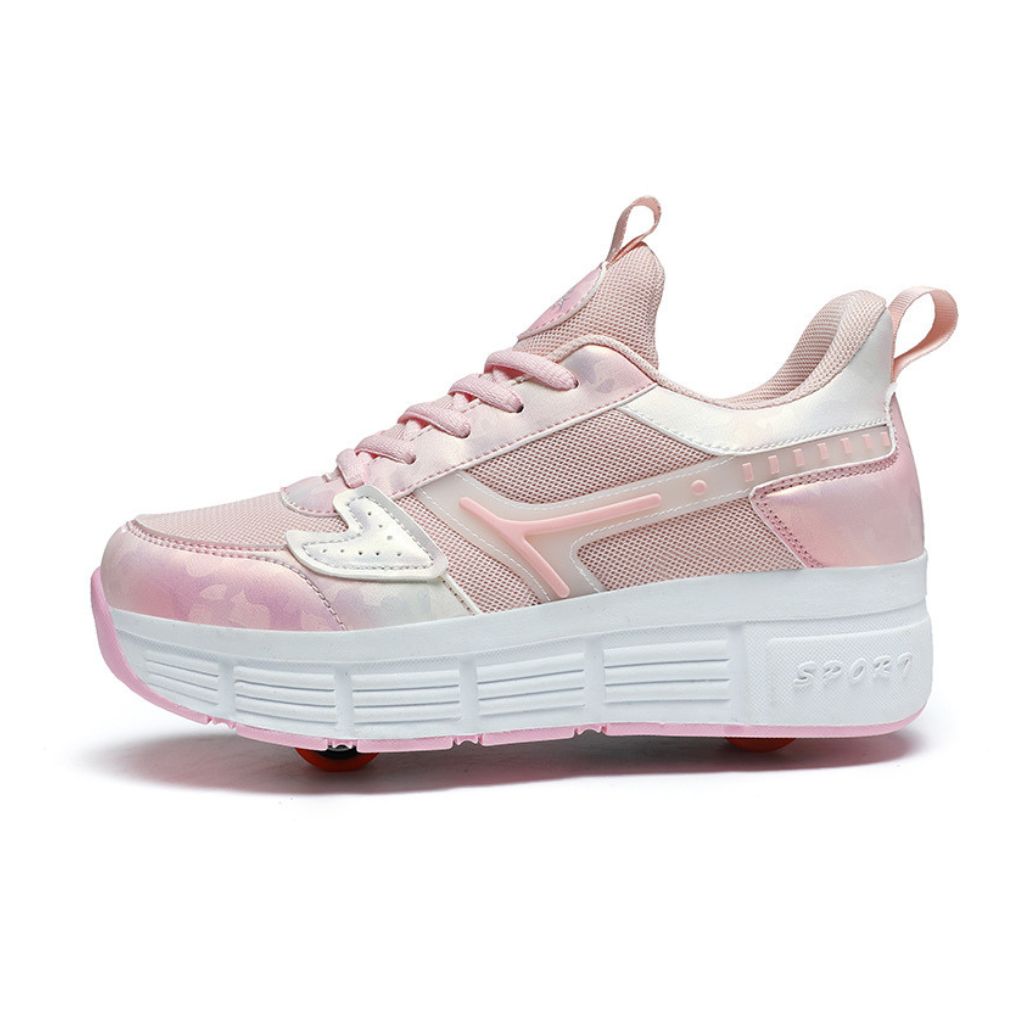 A pink platform heel wheel roller shoes with a glossy synthetic upper, mesh panels, and a chunky white sole with pink trim, shown from a side profile on a white background