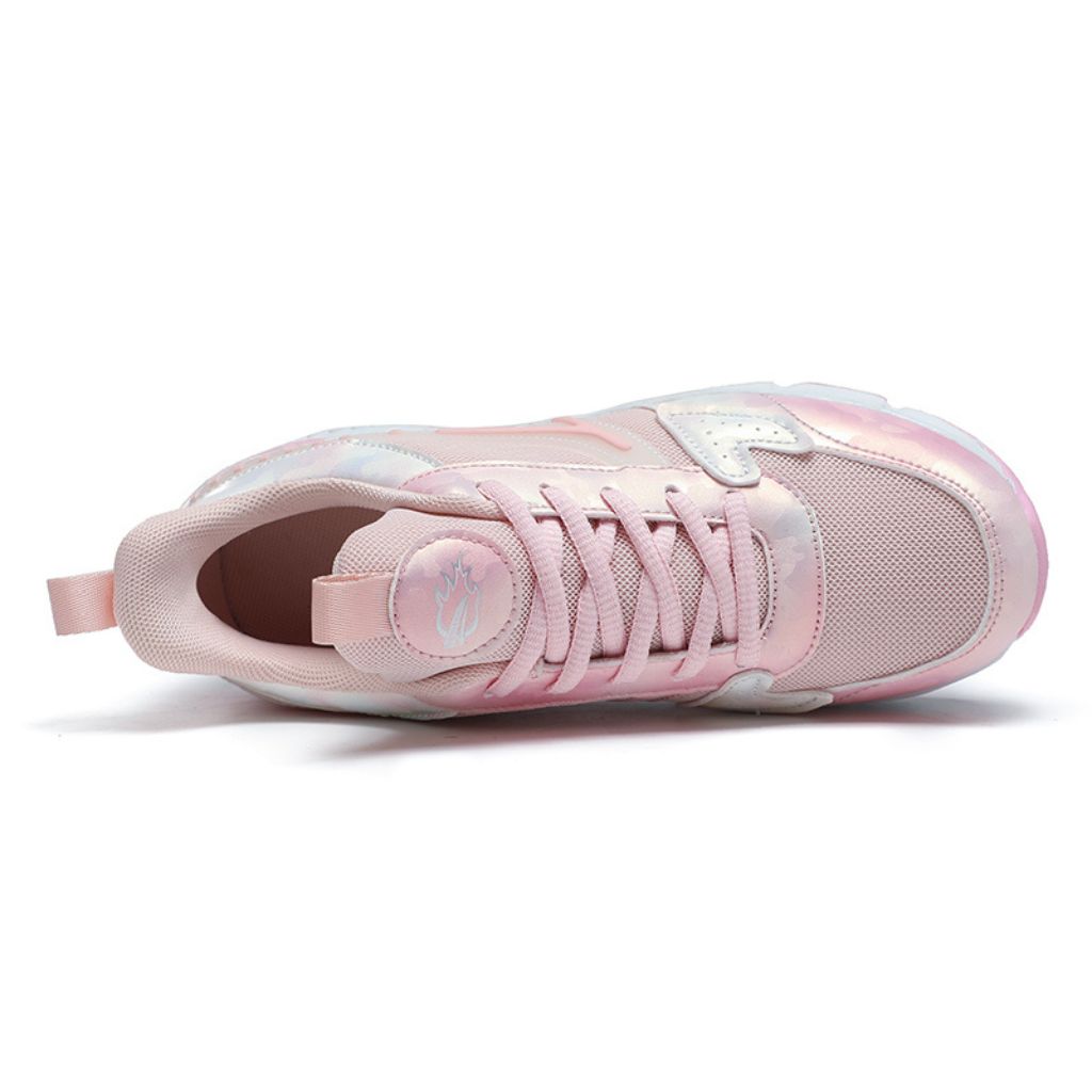 A single pink shoe with wheels shown from a top view against a clean white background