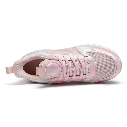 A single pink shoe with wheels shown from a top view against a clean white background