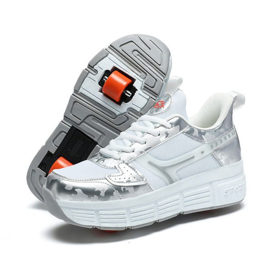 A pair of white roller skate sneakers with wheels, shown on a clean white background. One shoe is positioned upright to show the side profile, while the other is turned to display the sole with its detachable wheels