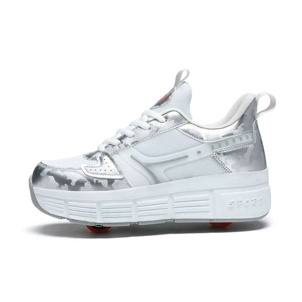 A white and silver low-top heel wheel roller shoes with a chunky white platform sole, featuring a subtle camouflage pattern on the toe cap and heel, white laces, and small red wheels visible beneath the sole