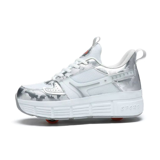 A white and silver low-top heel wheel roller shoes with a chunky white platform sole, featuring a subtle camouflage pattern on the toe cap and heel, white laces, and small red wheels visible beneath the sole