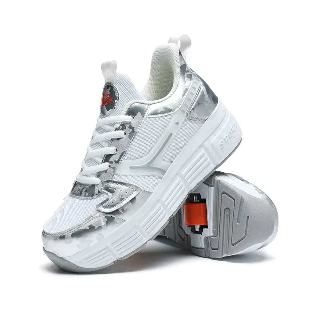 A pair of white shoes with built-in roller skate wheels on the soles, shown against a plain white background