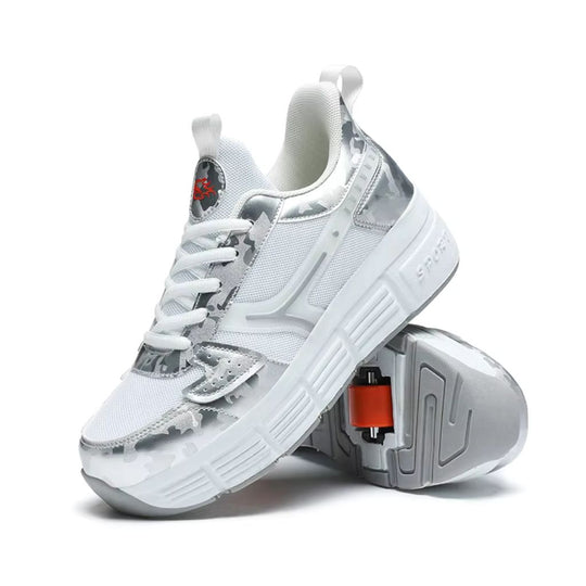 A pair of white shoes with built-in roller skate wheels on the soles, shown against a plain white background