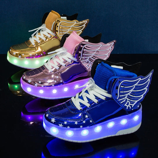 Kick Speed Air Pegasus MID shoes with wheels for kids in gold metallic finish and LED sole