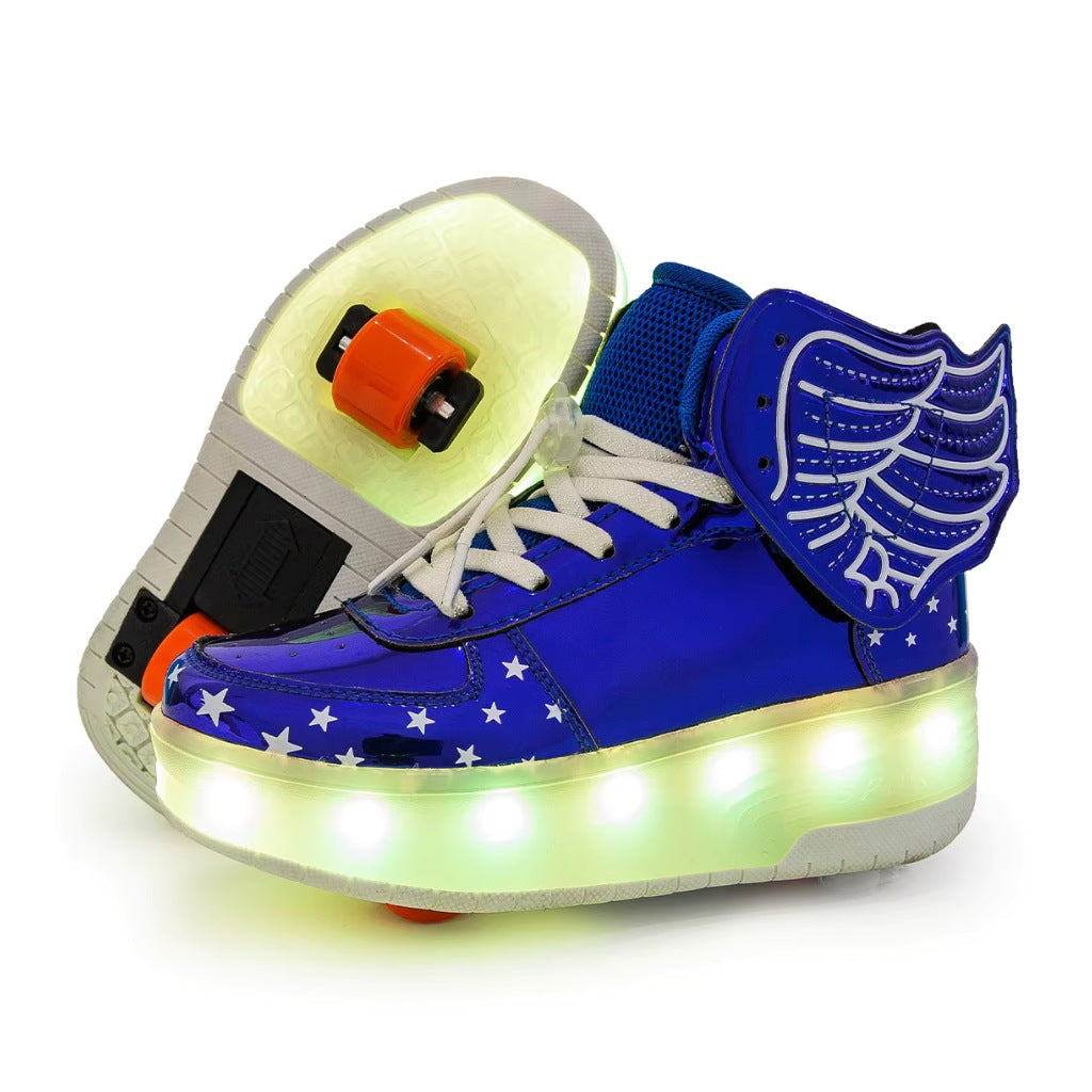Blue kids heel wheel roller shoes with manual insert wheel system