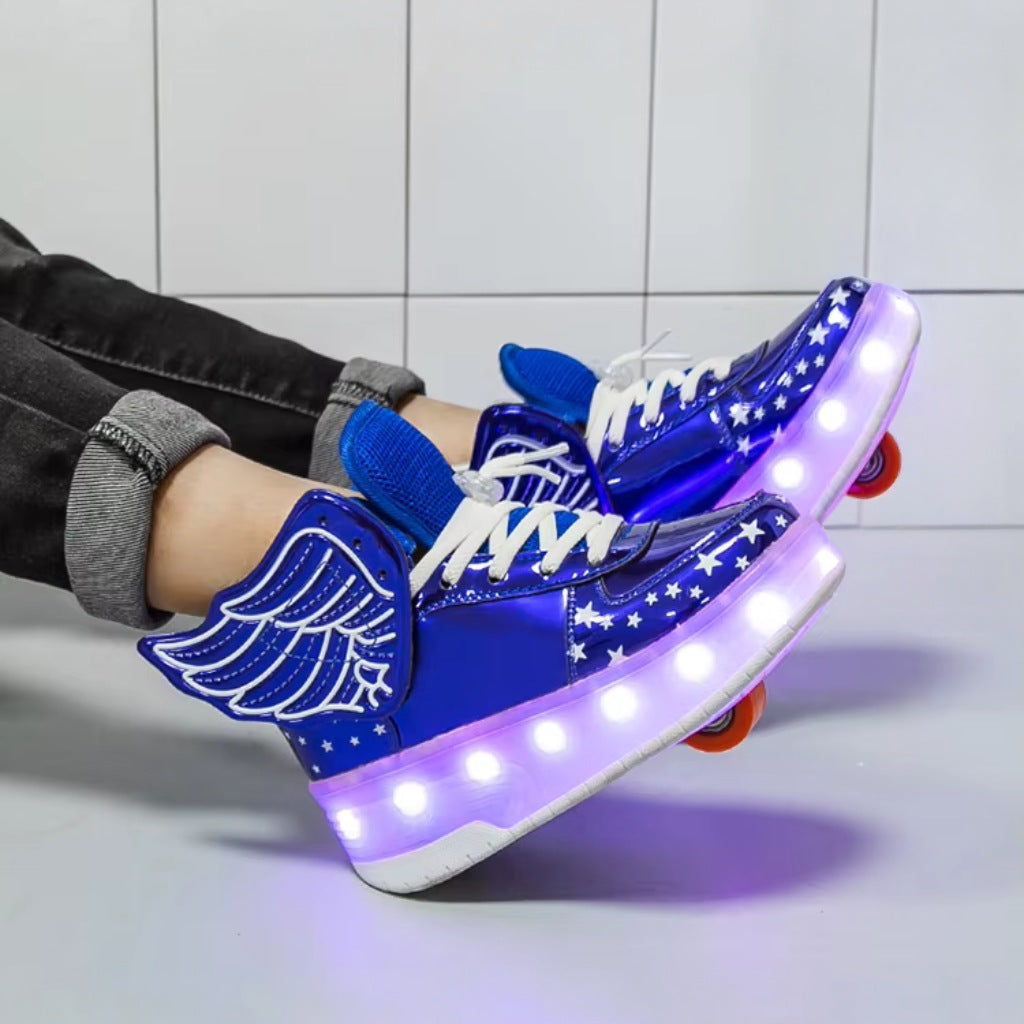 Blue LED roller shoes for kids worn indoors with heel wheel setup