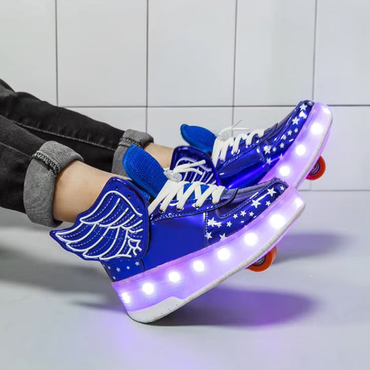 Blue LED roller shoes for kids worn indoors with heel wheel setup