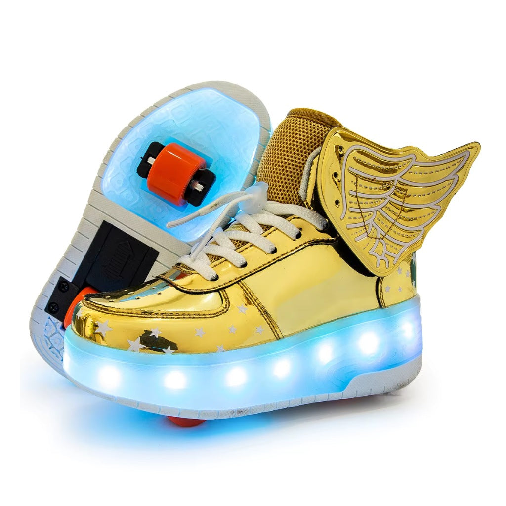 Gold kids LED roller shoes with removable wheel and metallic mirrored upper