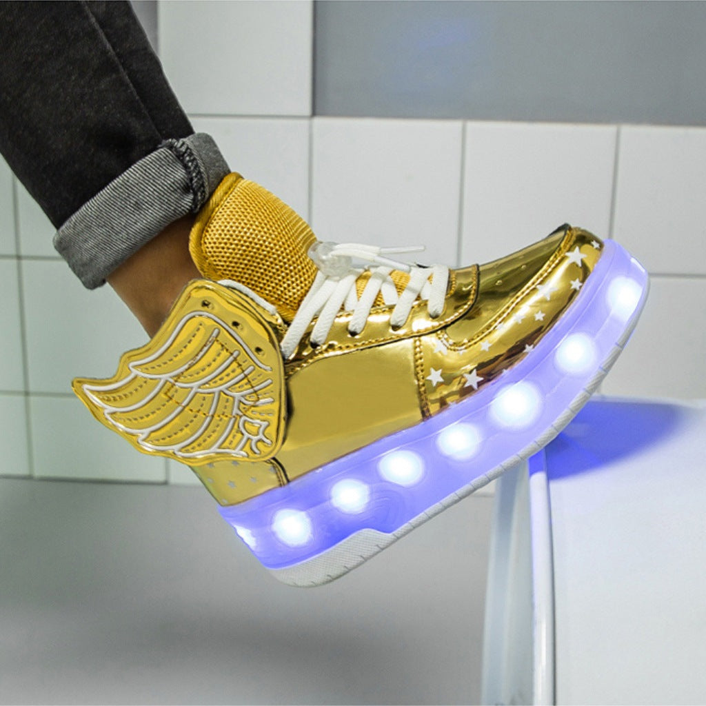 Gold and white  heel wheel sneaker with LED lights on a stand against a tiled wall background