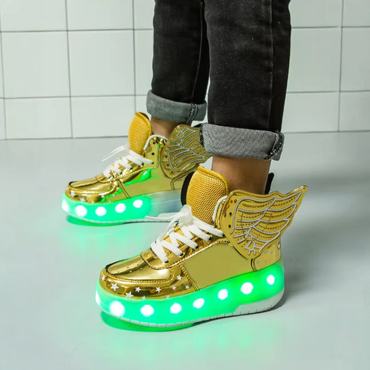 Gold metallic kids shoes with wheels and orange LED lights