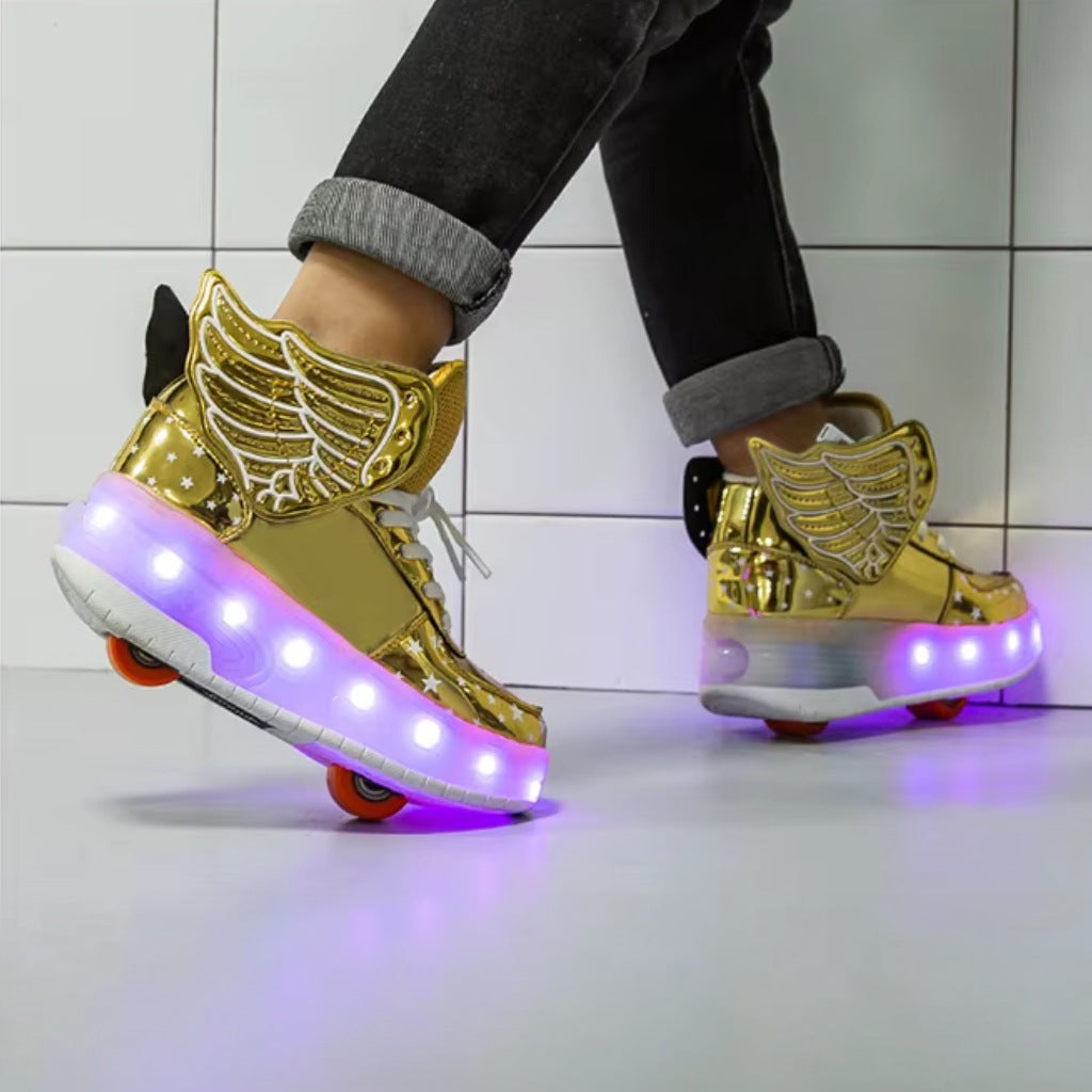 Gold winged roller shoes with LED lights on a tiled floor