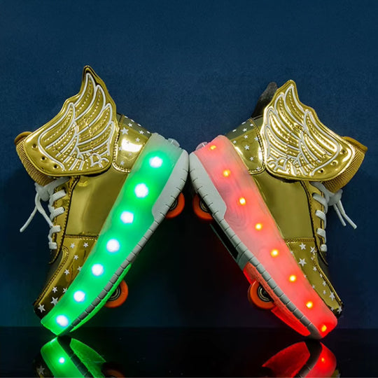 Kids gold metallic roller shoes with LED sole and heel wheel design