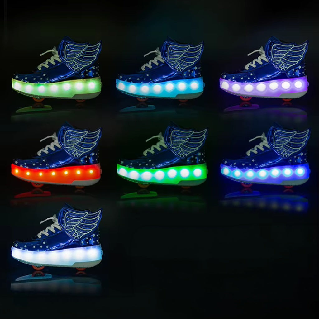 Blue LED shoes with wheels and wing design on a black background