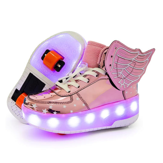 Kick Speed Air Pegasus MID LED heel wheel roller shoes for kids in pink metallic star design