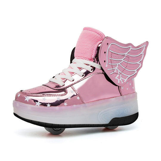 Pink heel wheel shoes for kids side view with star pattern and wing panel