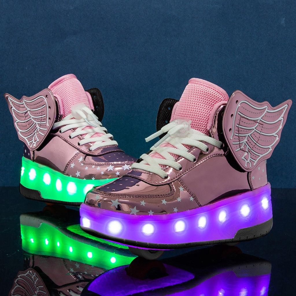 Pink Kick Speed high-top roller sneakers with LED lights and wheels and wing designs on a dark background