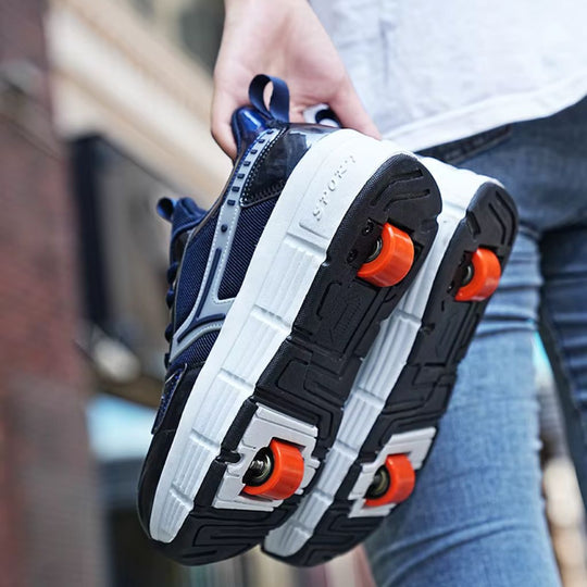 A close-up lifestyle shot of a person holding a pair of inline skates shoes, showing the detailed sole with detachable wheels
