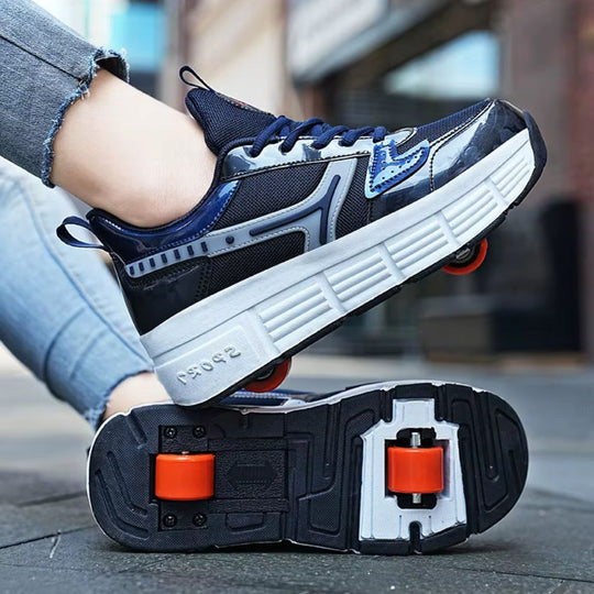 A person wearing a navy blue roller skate shoes with wheels, shown from the side and bottom against an outdoor urban background