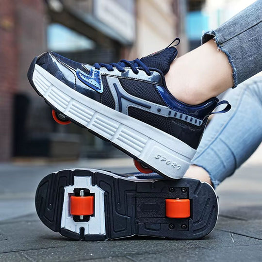 A woman wearing a pair of blue roller skate shoes with detachable wheels, shown with one shoe lifted and the other turned upside down to display the sole and wheels, set against an outdoor urban background