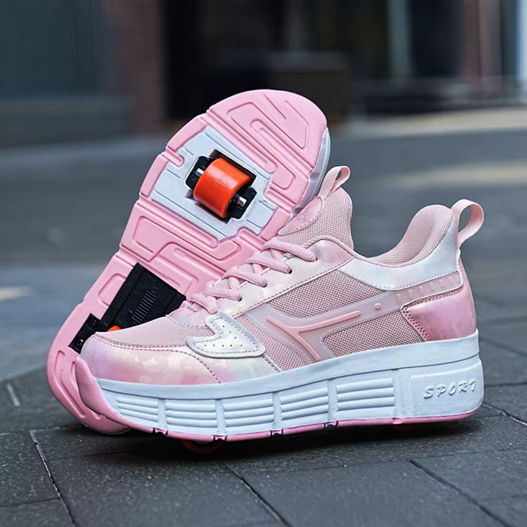 A pink roller skate shoes with a pop out heel wheel on the sole, shown on a dark paved street background