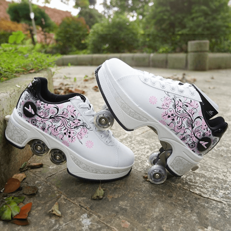 white Kick Speed floral roller skate shoes for kids shown together outdoors
